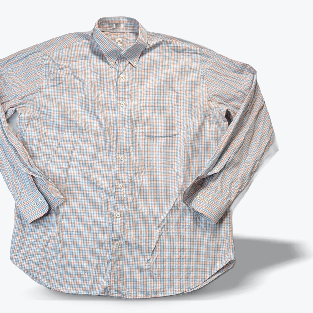 Peter Millar Shirt Button Down Plaid Blue Orange Cotton Casual Size XL